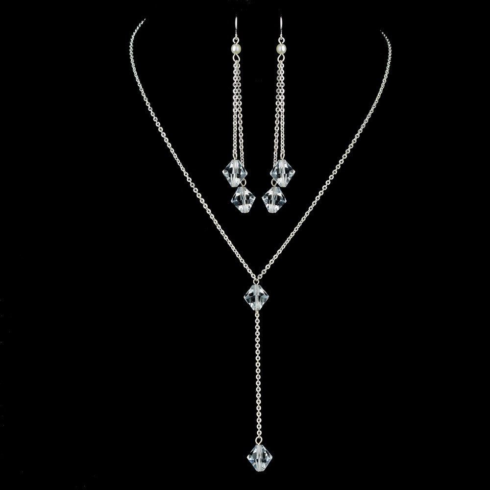 Silver Diamond White Pearl & Swarovski Crystal Bead Lariat Back Bridal Wedding Necklace 8432