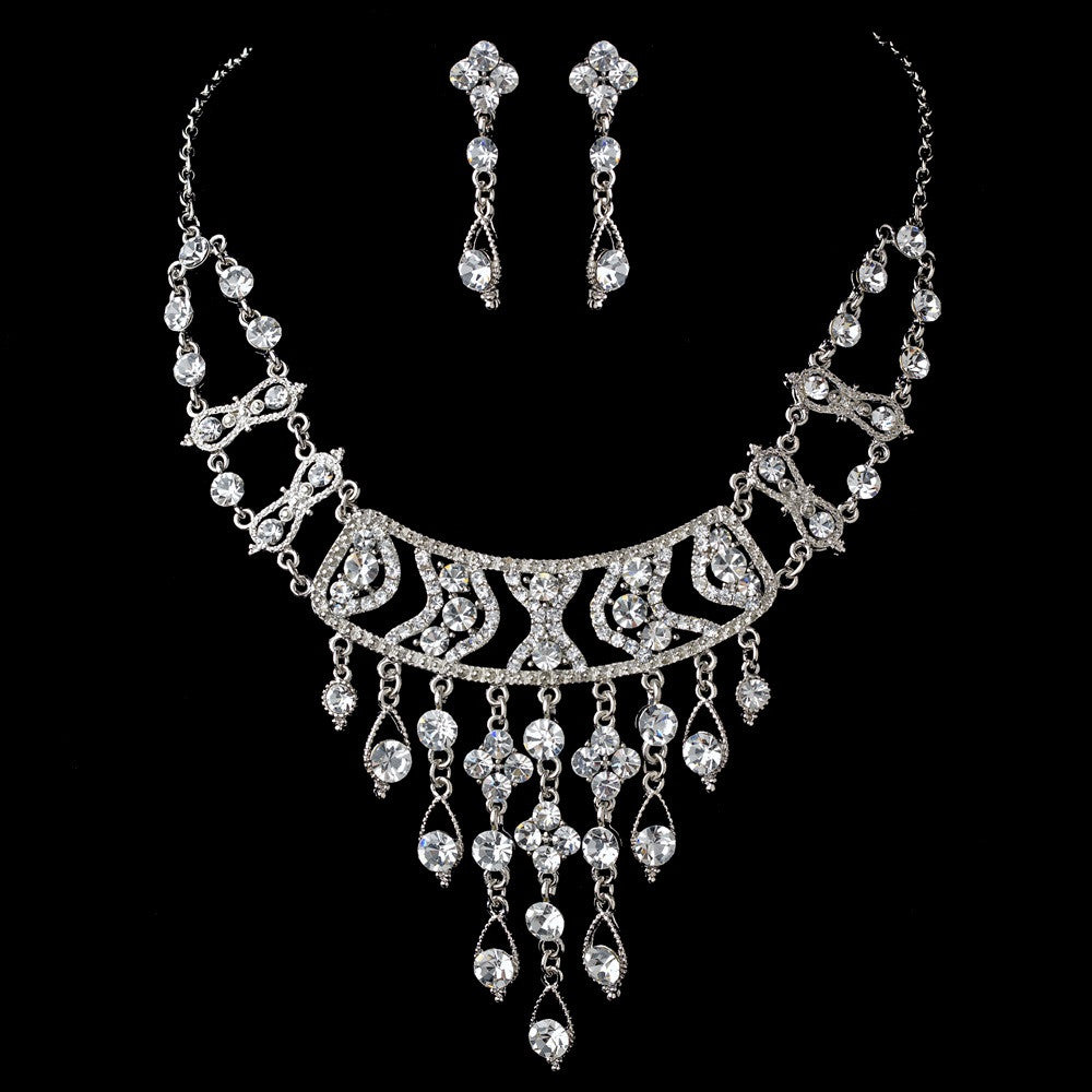 * Silver Clear Statement Bridal Wedding Necklace Earring Set 8448