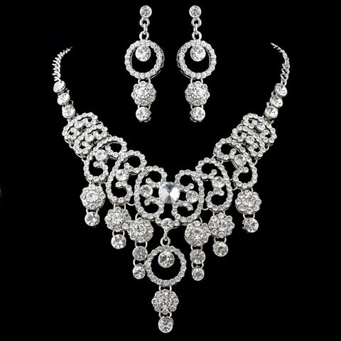 Statement Bridal Wedding Necklace Earring Set 8454 Silver Clear