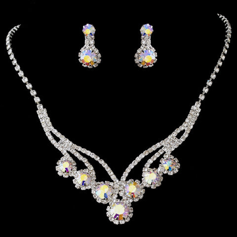 Silver AB Bridal Wedding Necklace Earring Set 8477