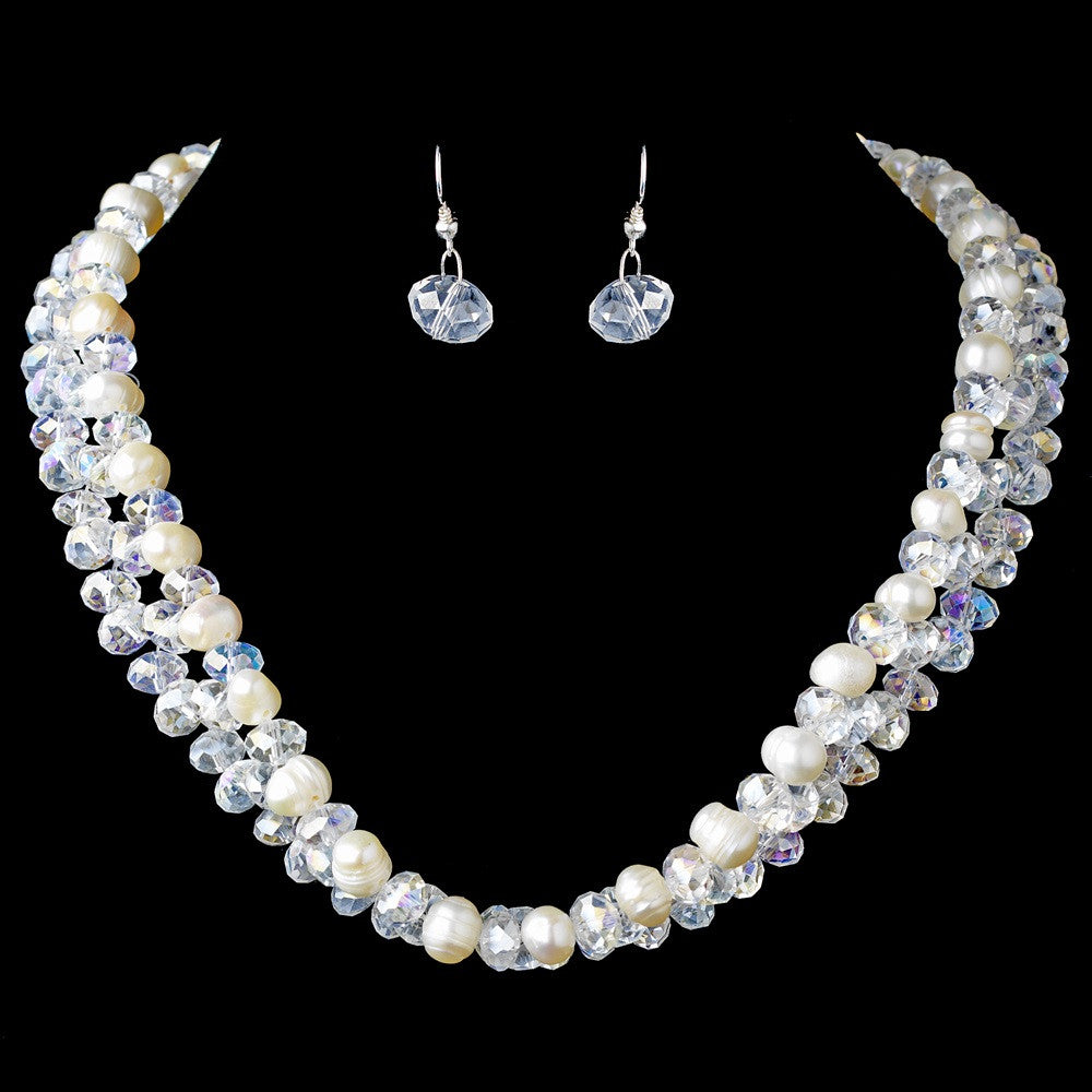 Silver Aurora Borealis w/ Ivory Fresh Water Pearl Bridal Wedding Necklace Earring Set 8518