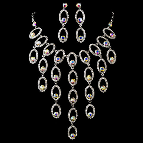 * Silver Clear AB Statement Bridal Wedding Necklace Earring Set 8533
