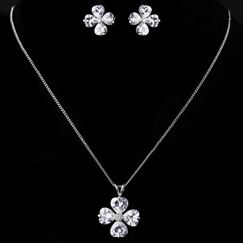 Silver Clear CZ Clover Bridal Wedding Necklace & Earring Set 8594