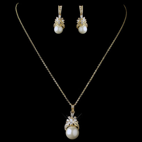 Gold Diamond White Pearl CZ Crystal Bridal Wedding Jewelry Set 8595