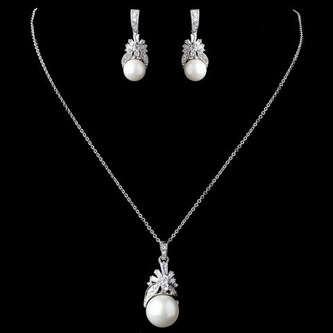 Stunning Silver Clear CZ & White Pearl Bridal Wedding Jewelry Set 8595