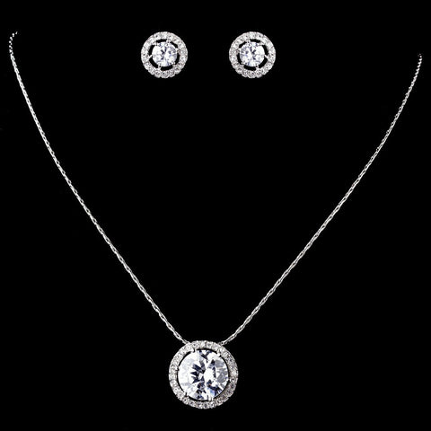 Silver Clear CZ Circle Bridal Wedding Necklace & Earring Set 8600