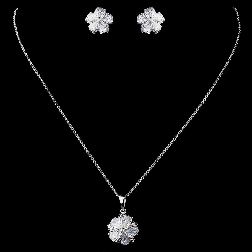 Silver Clear CZ Floral Bridal Wedding Necklace & Earring Set 8601