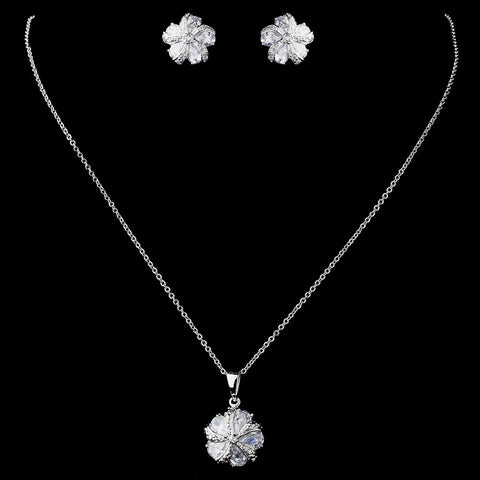 Silver Clear CZ Floral Bridal Wedding Necklace & Earring Set 8601