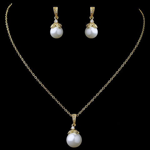Gold White Pearl & CZ Pendant Bridal Wedding Jewelry Set 8602