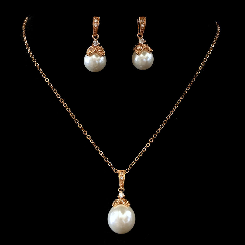 Rose Gold White Pearl & CZ Pendant Bridal Wedding Jewelry Set 8602