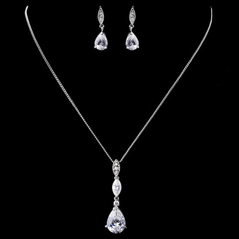 Silver Clear CZ Bridal Wedding Necklace & Dangle Earring Set 8606