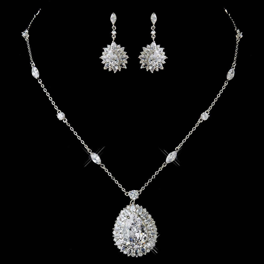 Silver Clear CZ Crystal Flower Bridal Wedding Jewelry Set 8609