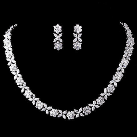 Silver Clear CZ Bridal Wedding Necklace & Earring Set 8611