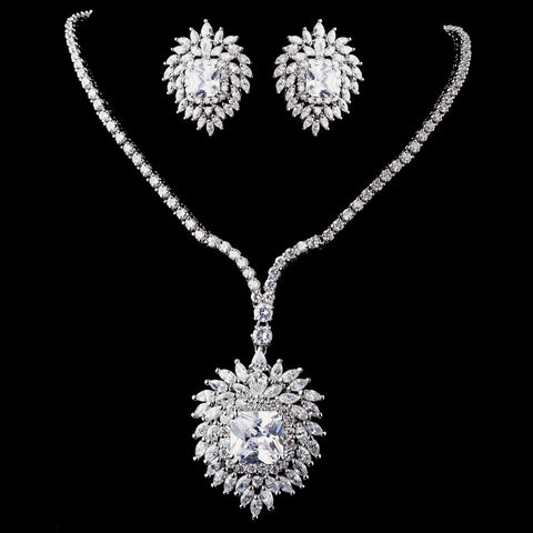 Silver Clear CZ Bridal Wedding Necklace & Earring Set 8615