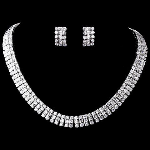Silver Clear CZ Bridal Wedding Necklace & Earring Set 8616