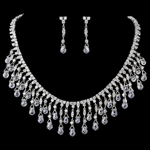 Silver Clear CZ Statement Bridal Wedding Necklace & Earring Set 8617