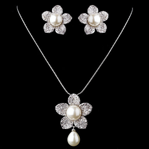 Pearl & CZ Pave Flower Bridal Wedding Jewelry Set 8619