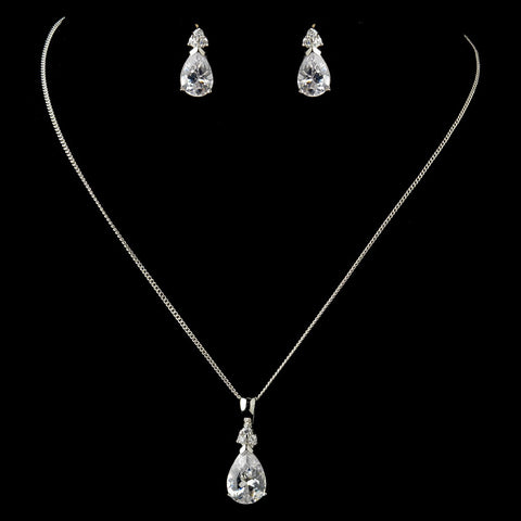 Silver Clear CZ Crystal Pear Cut Tear Drop Crystal Bridal Wedding Jewelry Set 8663