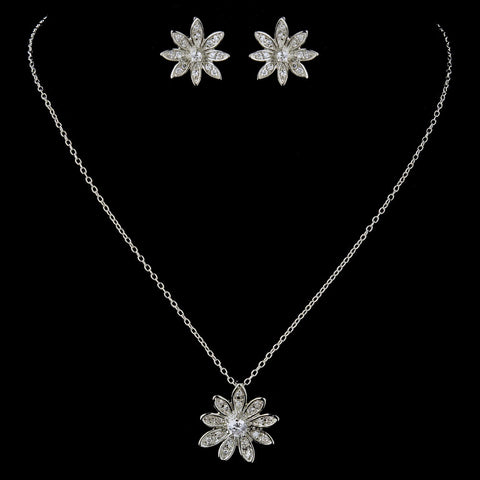 Antique Silver CZ Crystal Flower Bridal Wedding Jewelry Set 8664