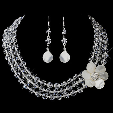 Crystal & Mother-Of-Pearl Flower Bridal Wedding Necklace & Earrings Set NE 8700