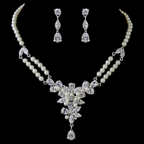 Silver Ivory Pearl & Floral CZ Bridal Wedding Jewelry Set 8701