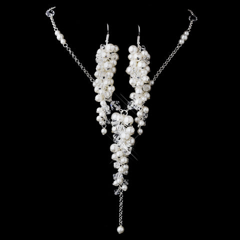 Silver Pearl & Austrian Crystal Bridal Wedding Necklace & Earrings Set NE 8702