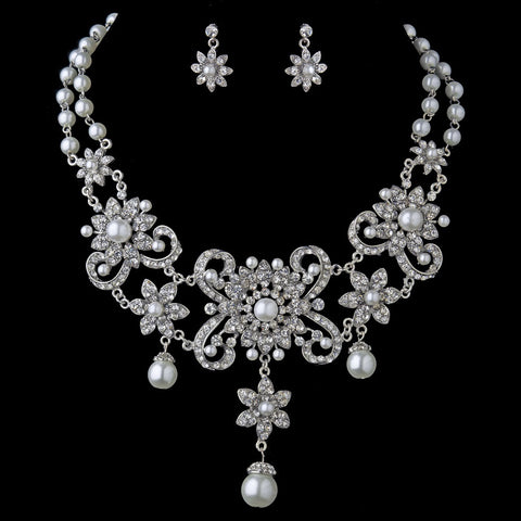 Antique Silver White Pearl Flower Statement Bridal Wedding Jewelry Set 8733