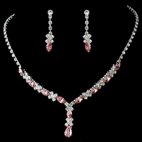 Bridal Wedding Necklace Earring Set 9235 Silver Pink