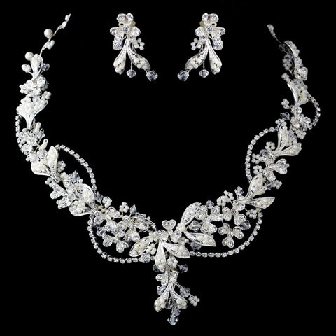 Silver Diamond White Bead, Swarovski Crystal and Rhinestone Bridal Wedding Jewelry Set 9306