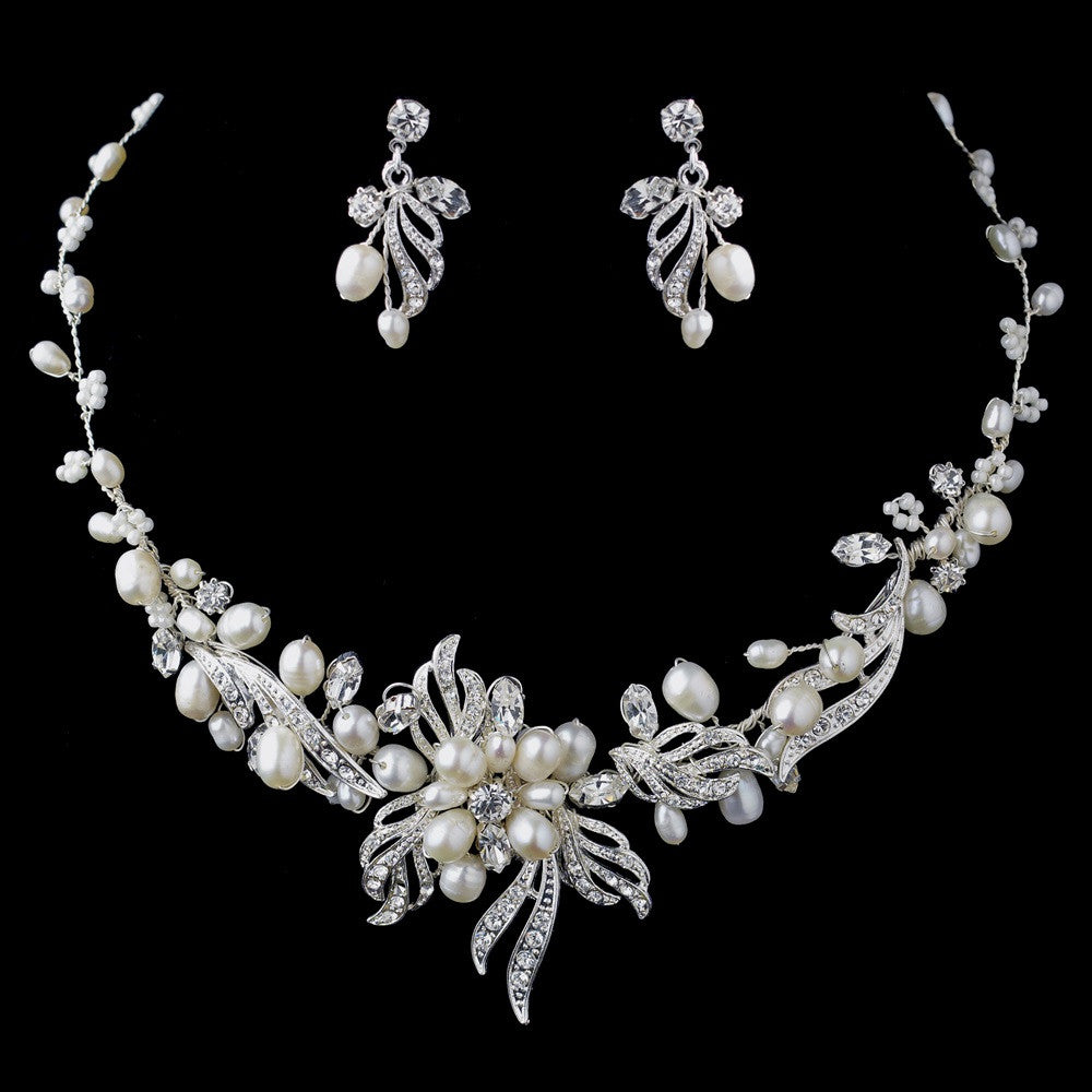 Silver Freshwater Pearl & Rhinestone Bridal Wedding Jewelry Set 9312