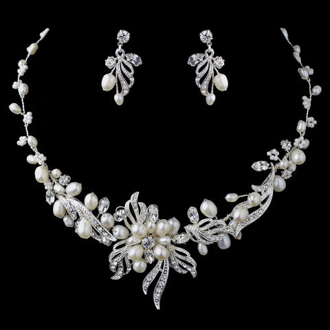 Silver Freshwater Pearl & Rhinestone Bridal Wedding Jewelry Set 9312