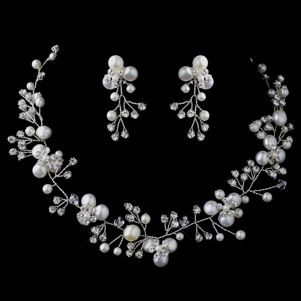 Silver Freshwater Coin Pearl, Swarovski Crystal Bead and Rhinestone Bridal Wedding Jewelry Set 9313