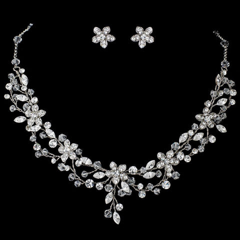 Rhodium Clear Crystal & Rhinestone Floral Vine Bridal Wedding Jewelry Set 9500