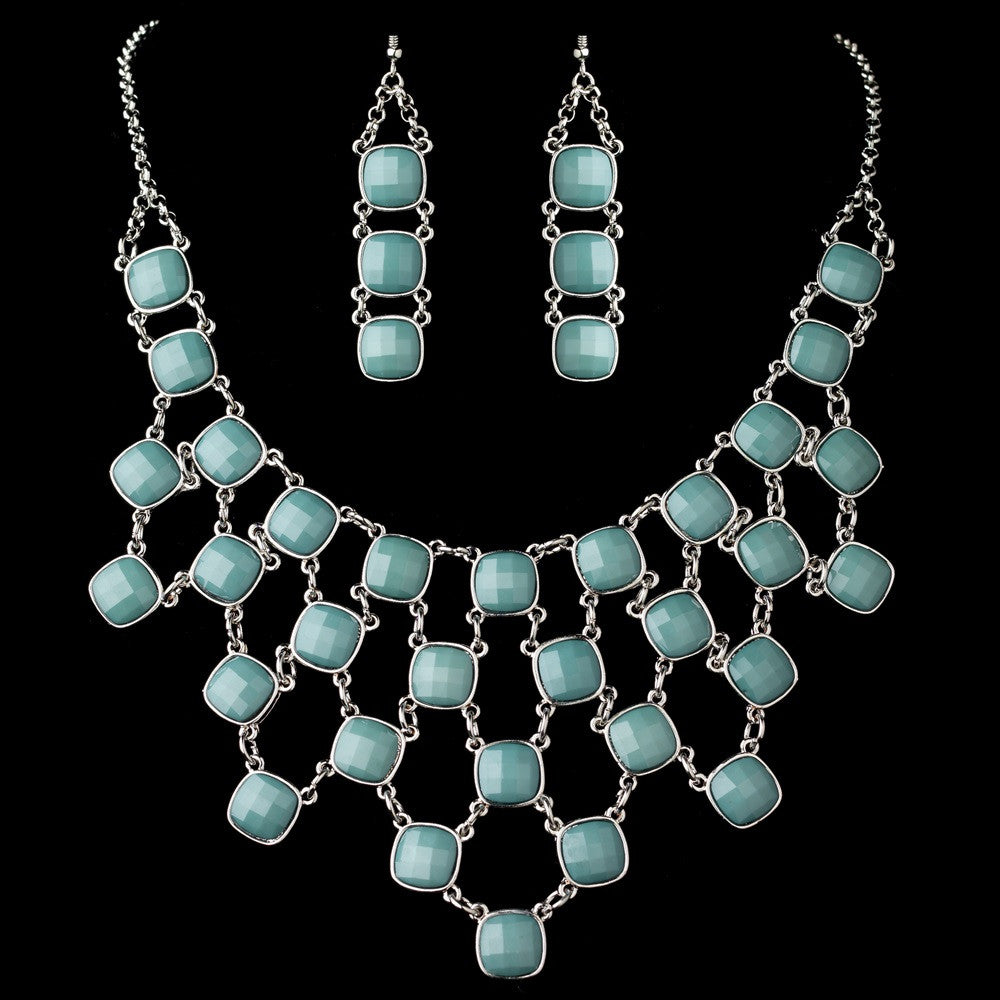 Silver Teal Acrylic Stone Fashion Statement Bridal Wedding Jewelry Set 9502