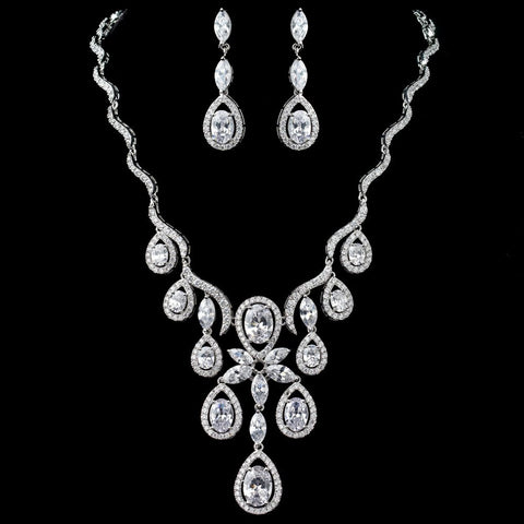 Rhodium Clear CZ Oval Teardrop Swirl Bridal Wedding Jewelry Set 9592