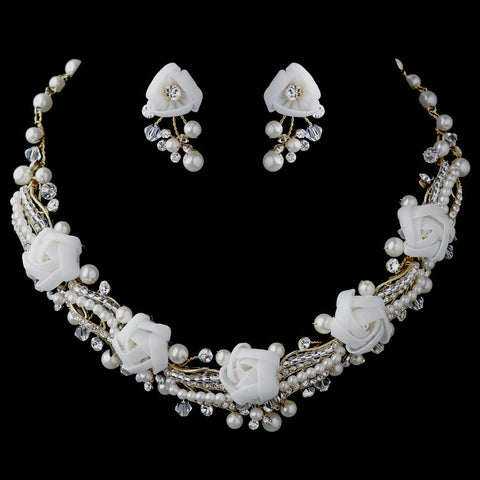 Gold Ivory Pearl, Rhinestone & Swarovski Crystal Bridal Wedding Necklace & Earrings Flower Bridal Wedding Jewelry Set 9613