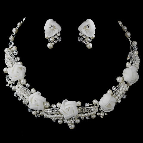 Silver Ivory Pearl, Rhinestone & Swarovski Crystal Bridal Wedding Necklace & Earrings Flower Bridal Wedding Jewelry Set 9613