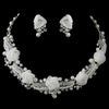 Silver Ivory Pearl, Rhinestone & Swarovski Crystal Bridal Wedding Necklace & Earrings Flower Bridal Wedding Jewelry Set 9613
