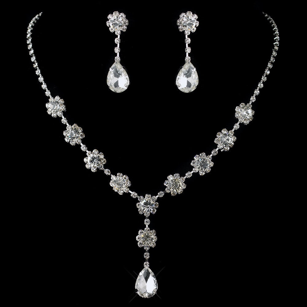 Silver Clear Teardrop Rhinestone Bridal Wedding Jewelry Set 9634