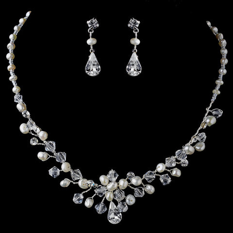 Silver Clear Crystal Rhinestone and Ivory Freshwater Pearl Bridal Wedding Jewelry Set 9672