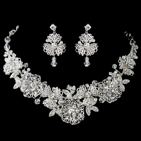 Silver Clear Rhinestone Bridal Wedding Necklace & Earrings Floral Leaf Bridal Wedding Jewelry Set 9687