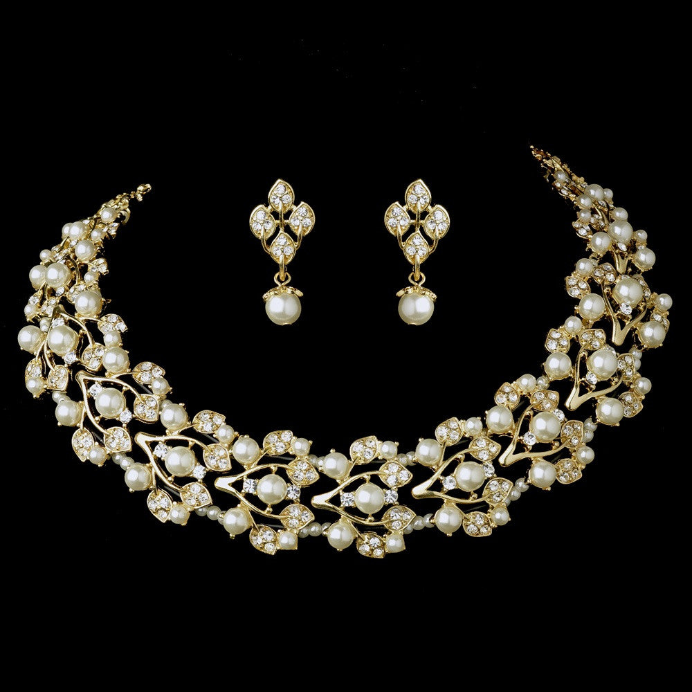 Gold Ivory Bridal Wedding Necklace Earring Set 969