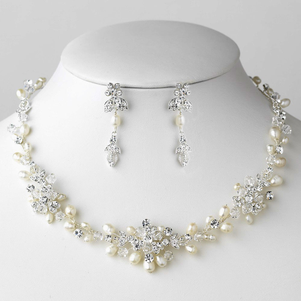 Silver Freshwater Pearl, Swarovski Crystal Bead and Rhinestone Bridal Wedding Jewelry Set 9692