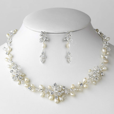 Silver Freshwater Pearl, Swarovski Crystal Bead and Rhinestone Bridal Wedding Jewelry Set 9692