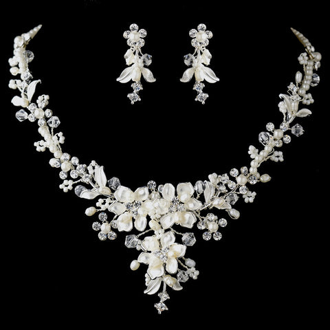 Silver Diamond White Freshwater Pearl, Crystal & Rhinestone Bridal Wedding Jewelry Set 9696