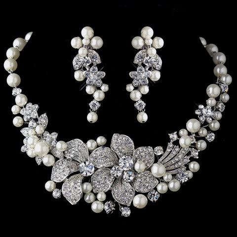 Antique Silver Diamond White Pearl & Rhinestone Bridal Wedding Jewelry Set 9698