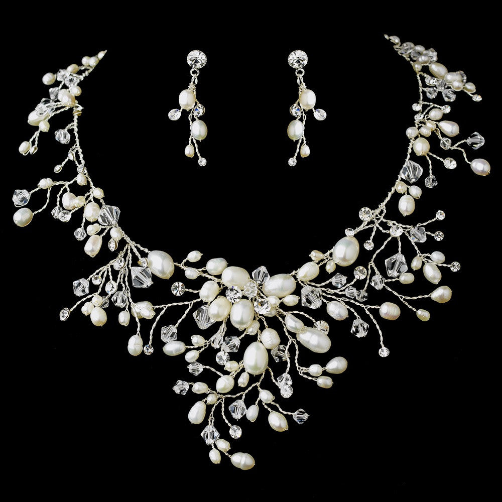 Dramatic Silver Clear Crystal & Ivory Freshwater Pearl Bridal Wedding Necklace & Earring Set 9784