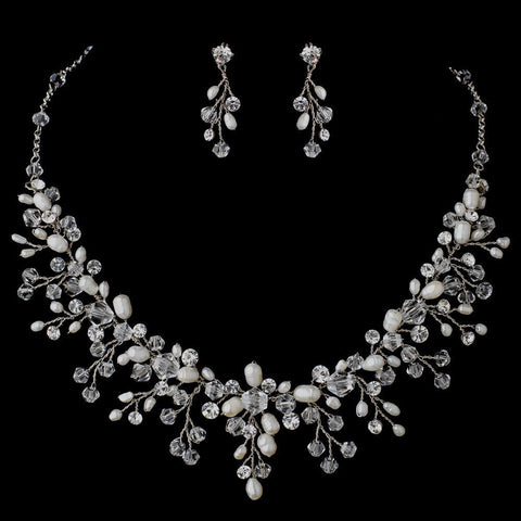 Rhodium Clear Swarovski Crystal Bead & Freshwater Pearl Floral Vine Bridal Wedding Jewelry Set 9800