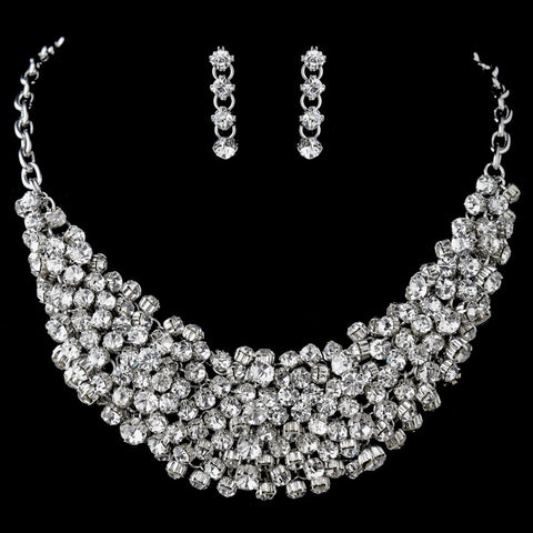 Antique Silver Clear Rhinestone Statement Bridal Wedding Necklace & Earrings Set 9962