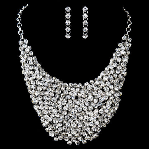 Antique Silver Clear Rhinestone Statement Bridal Wedding Necklace & Earrings Set 9963